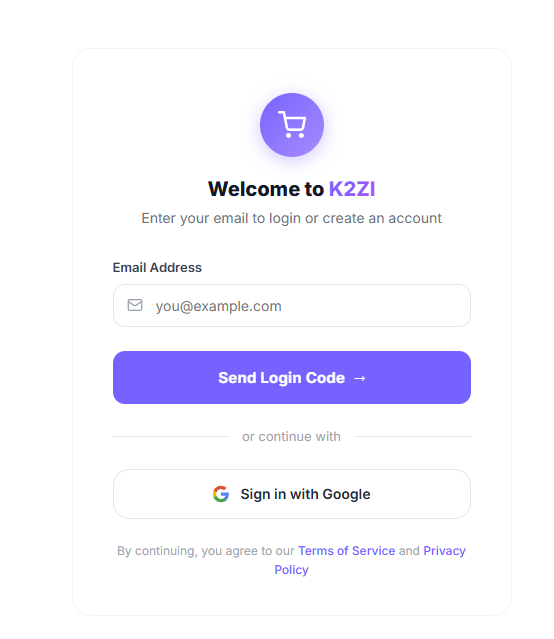 K2ZI login page with email and Google sign in