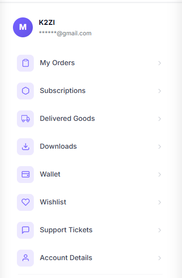 K2ZI account dashboard menu after login